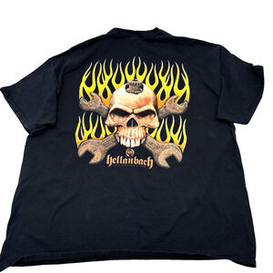 Vintage 00s Y2K Hellanbach Flames Skull & Cross Wrench Graphic Print T-shirt 2XL